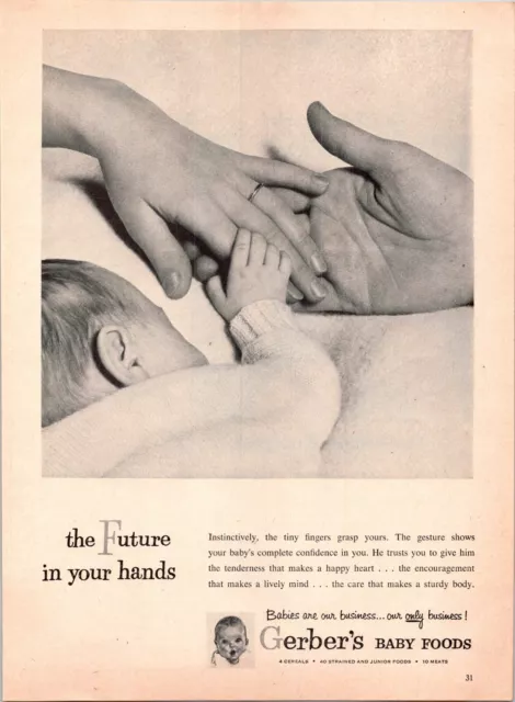 1952 Gerber Baby Food Vintage Print Ad Infant Mother Father Hands Sleeping B&W