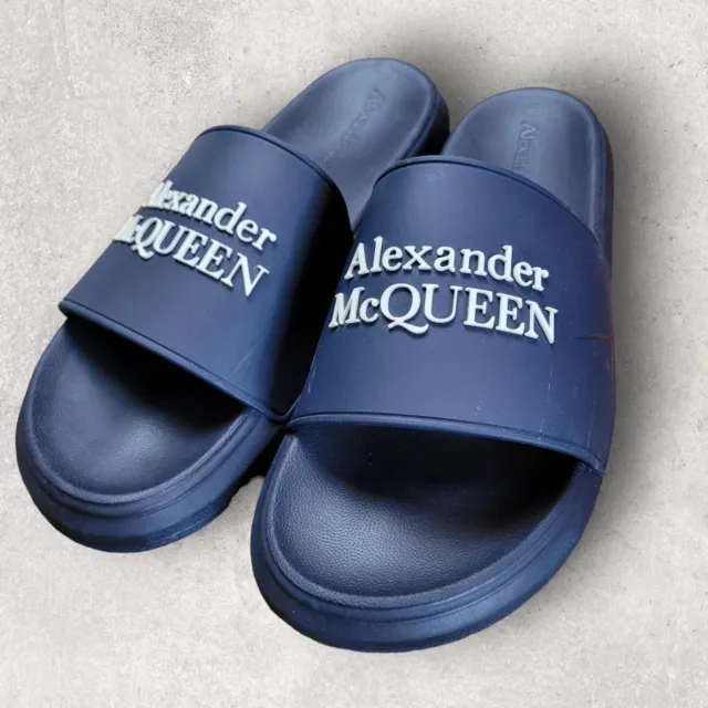 Alexander McQueen Navy Blue Rubber Logo Slide Sandals Women’s Size 42 M US 9.5