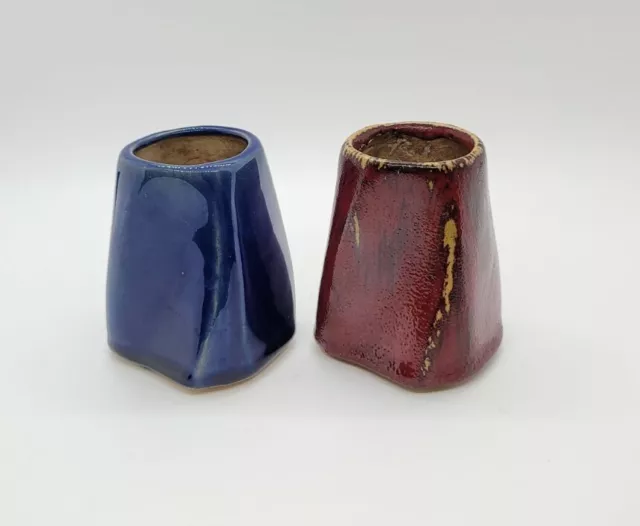 Pair Miniature Red , Blue Cobalt Glaze Pottery Toothpick Holder / Vase Handmade