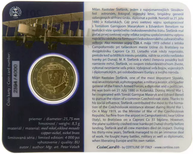 Moneda conmemorativa de 2 euros Eslovaquia 2019 ST BU - Milán Stefánik - en blíster CoinCard 2