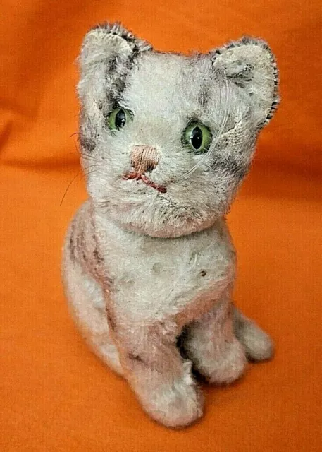 Steiff 3314 - Katze Susi 14 cm sitzend Mohairplüsch weiß/grau gestromelt Kopf dr
