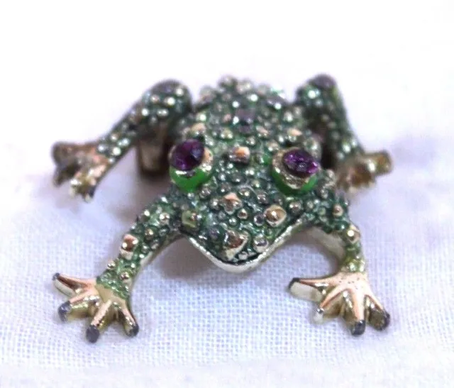 Frog Pin Brooch Green Gold Tone Purple Stone Eyes Appx 1.5"