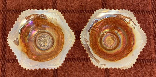 2 Marigold Carnival Glass Bonbon / Nibbles Dishes / Bowls