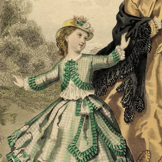 La mode illustrée Enfantina Robes Promenade - Gravure Aquarelle originale 1864