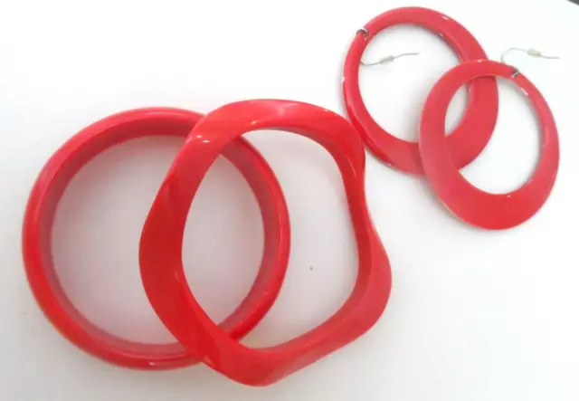 Vintage Bracelet & Earring - 2 BANGLES, HOOP EARRINGS - RED