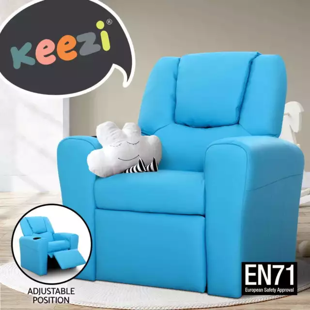 Keezi Kids Recliner Chair Blue PU Leather Sofa Lounge Couch Children Armchair