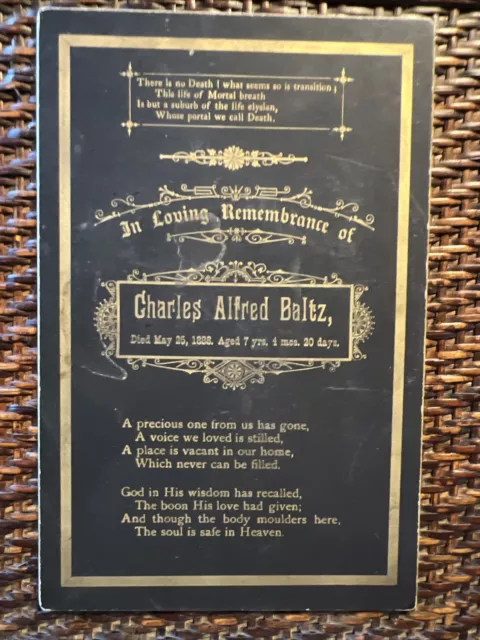 Antique Funeral Cabinet Card Funeral - 1888 Charles Alfred Baltz