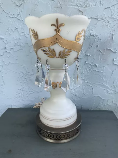 BOHEMIA Antique German Cased-Glass/Enamel/Crystals Mantle Lustre Table Lamp