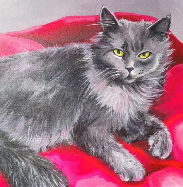 Retrato de gato gris Animal Kitty Obra de arte Pintura acrílica original 12...