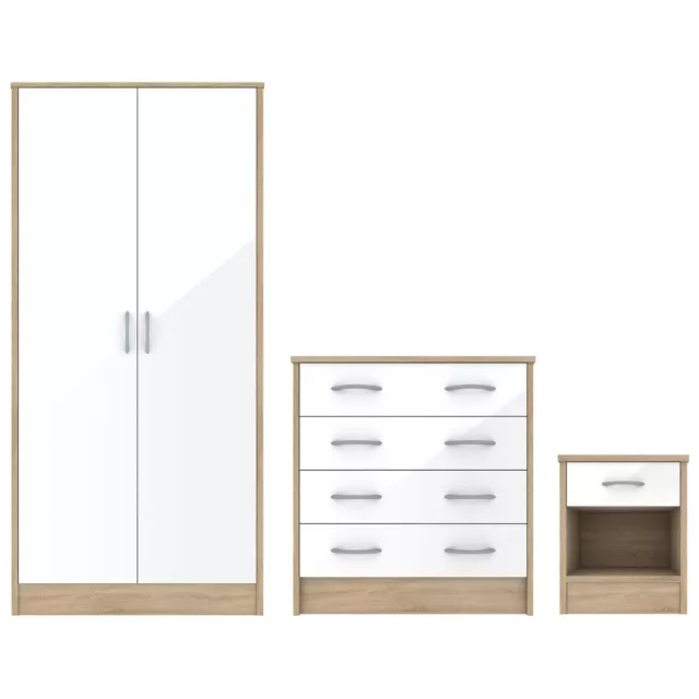 3 Pc Set Bedside Table Chest Of Drawers Wardrobe Bardalona Bedroom  White Gloss