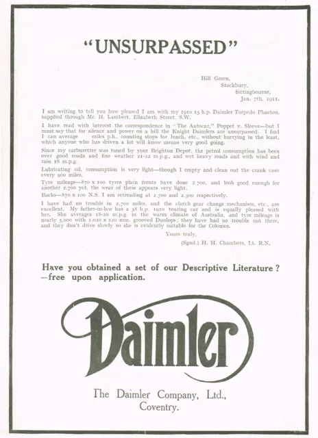 1911 Original Antique Daimler Car Print Ad