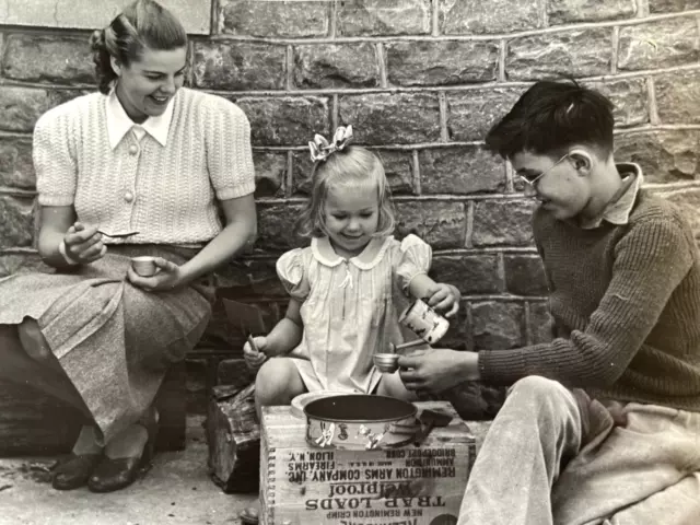 DG) Photo Girl Having Pretend Tea Party Mom Brother 1930-40's