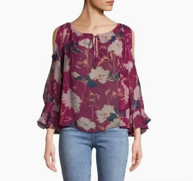 ELLA MOSS ~ Magenta "Floral Haze" Cold-Shoulder L/S Peasant Blouse $168 NWOT XS