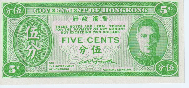 1945 Hong Kong 5 Five Cents Banknote - P# 322 - UNC - # 28201