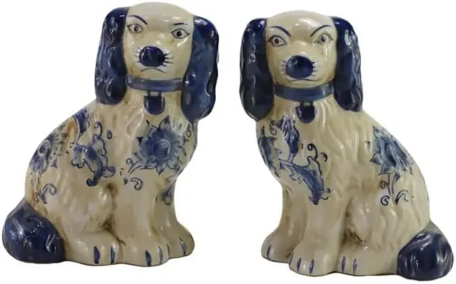 Hand Painted Blue and White Porcelain Dog Pair of Small Figurines Home Décor