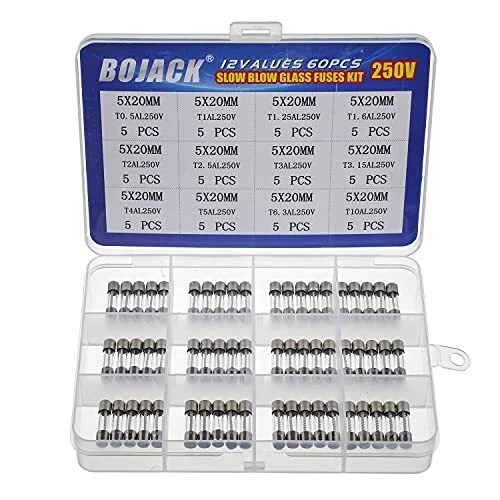 BOJACK 12 valeurs 60 pièces Assortiment de fusibles verre 5x20mm 250V T0.5A 1...