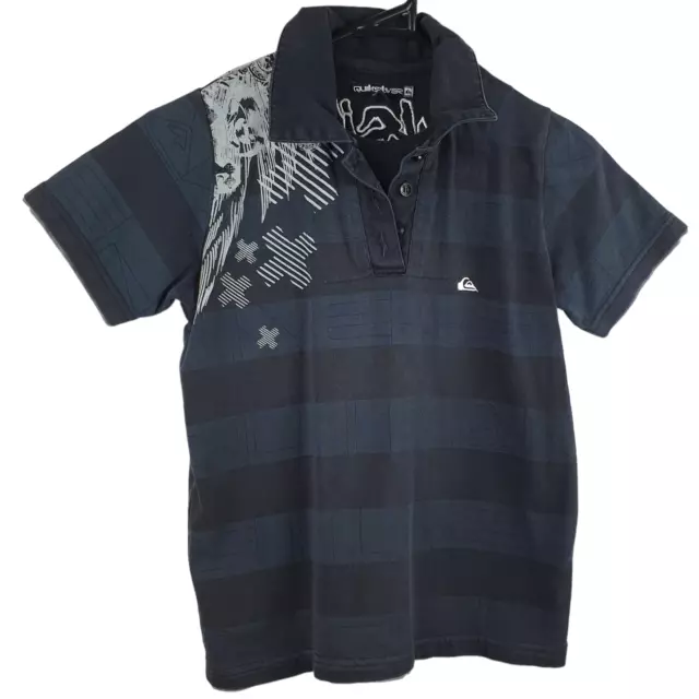 Vtg QUIKSILVER Boys Graphic Polo Shirt Tshirt BLACK GREY Cotton Size 10 Aus Vg