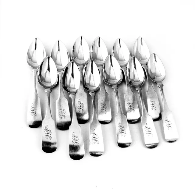 Akerly Briggs 12 Large Teaspoons Set Coin Silver 1854 Mono