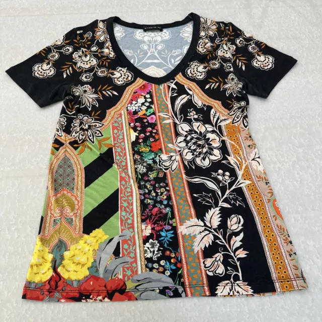 ETRO Multi Floral Mixed Print Short Sleeve Vneck Cotton  Top IT 40 Tiny Hole