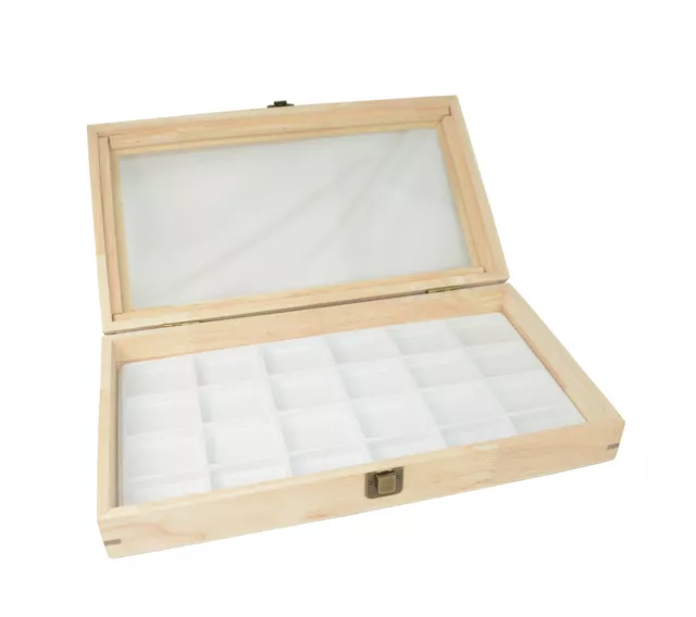 Natural Wooden Glass Lid Case Display With Choice Of White Compartment Insert