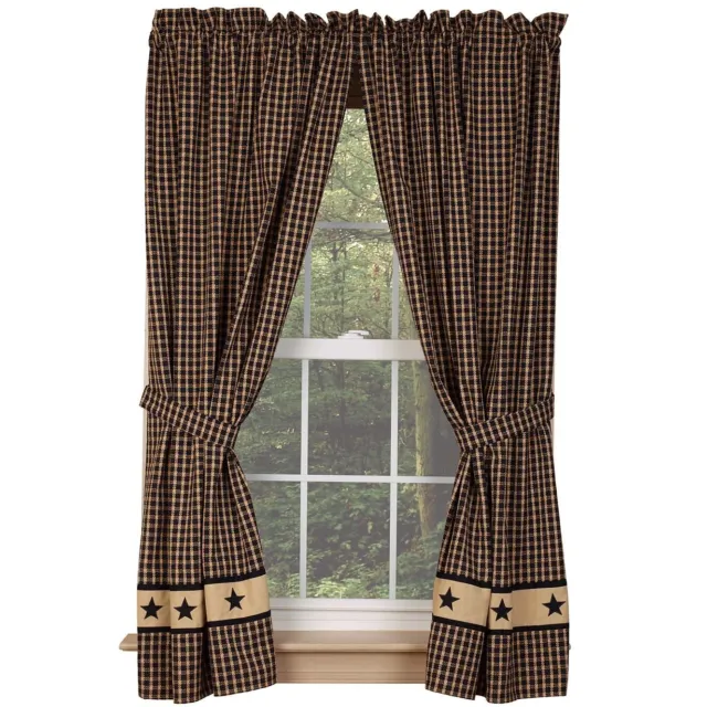 New Primitive Country Checked BLACK STAR PANELS Drapes Curtains 63"