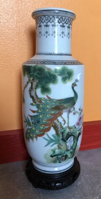 Chinese Famille Rose Porcelain Vase Calligraphy Poem Peacock Republic Period