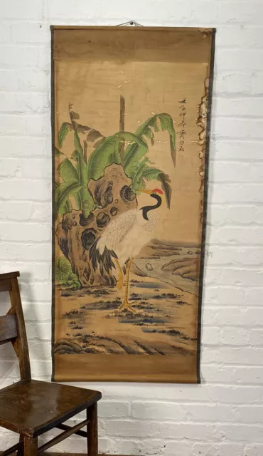 Antique Chinese Hand Painted Scroll Cranes 1930 Japanese Wall Hanging Art