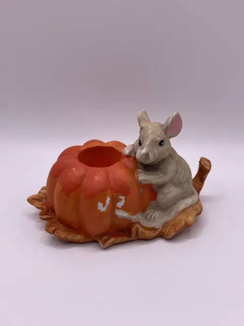 Vintage Ceramic Mouse & Pumpkin Candleholder Fall Figurine Trinket ****