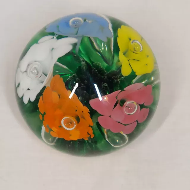 Maude and Bob St. Claire 1975 Paperweight Multi Color Flowers Bubbles Art Glass