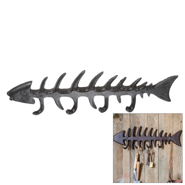 Funny FISH BONE 4 Hook Key Towel Coat Wall Rack Cast Iron Hallway Kitchen Decor