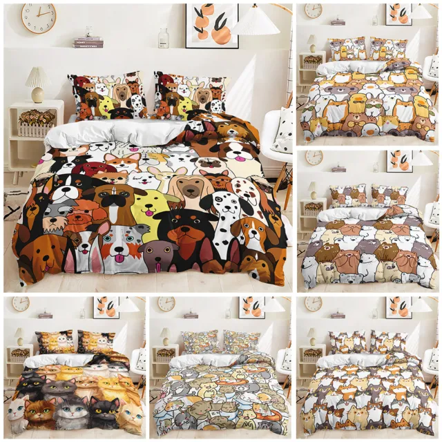 Cute Animals Cat Dog Bear Cartoon Animals Doona Duvet Quilt Cover Bedding Set