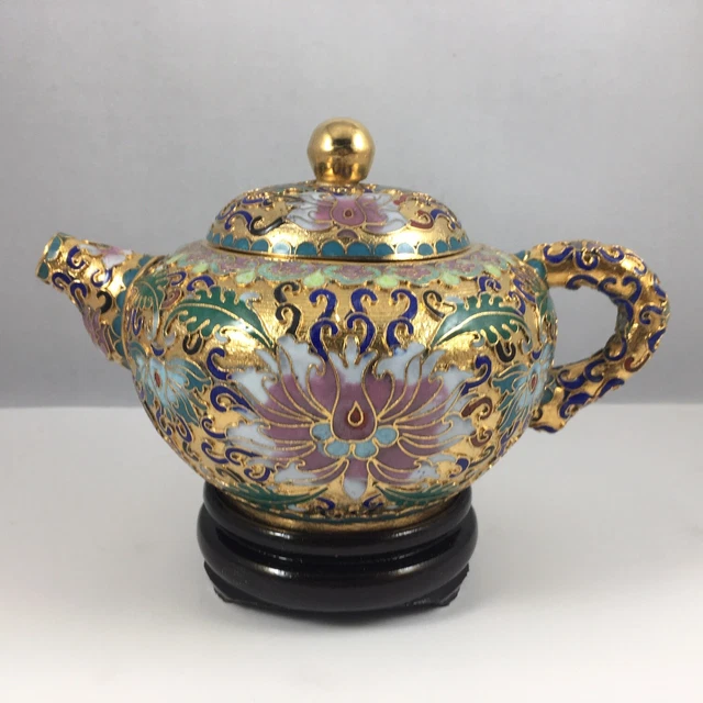 CHINESE VINTAGE GOLD Cloisonne Bronze Brass Copper Enamel Teapot with