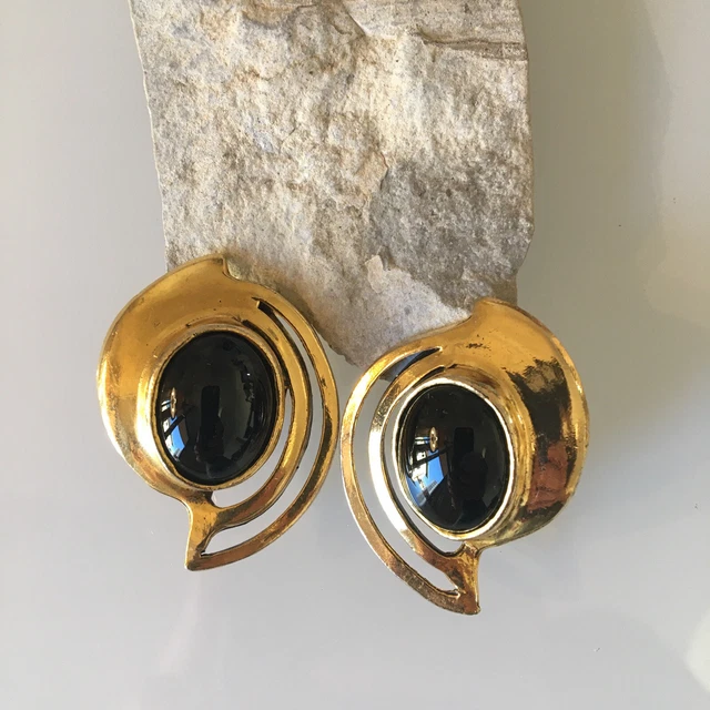 Boucles D'oreilles Clips Vintage En Verre Noir - Occasion