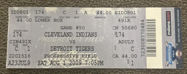 Ticket Stub Cleveland Indians Vs. Detroit Tigers 8/1/2009 Progressive Field