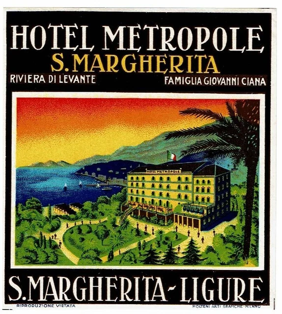 HOTEL METROPOLE luggage LIGURE DECO label (S.MARGHERITA)