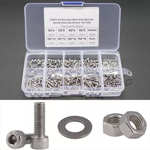 320pcs M2 Hex Socket Screws Stainles Steel Hex Bolts Socket Cap Head Nuts Kit