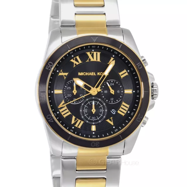 Michael Kors Alek Mens Chronograph Watch, Black Dial, Two Tone Gold Silver Band