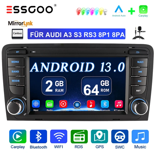 Autoradio Android Pour Audi A3/S3/RS3 2003-2012 – 7" IPS CarPlay & Android Auto Sans Fil – Bluetooth FM/AM USB EQ