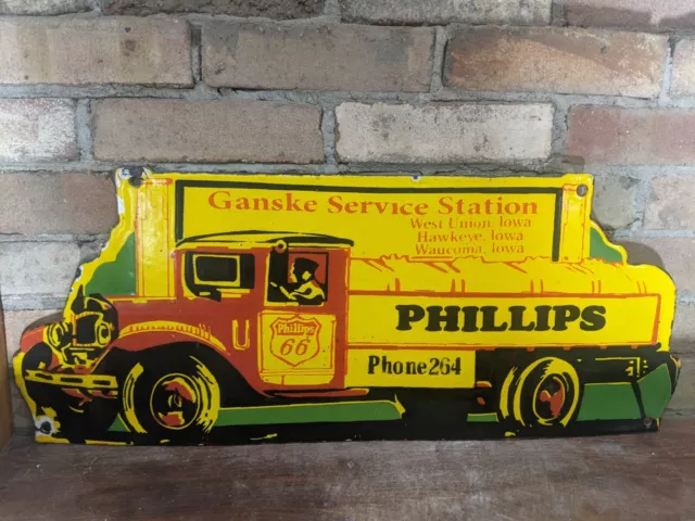Vintage Phillips 66 Oil Ganske Service Porcelain Gas Die Cut Sign 26" X 10.5"