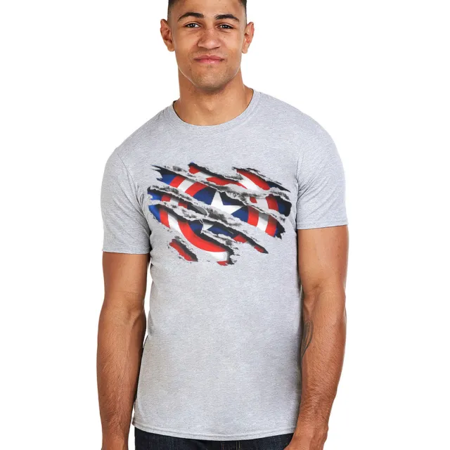 T-shirt ufficiale Marvel da uomo Captain America logo strappato scudo grigio S-2XL