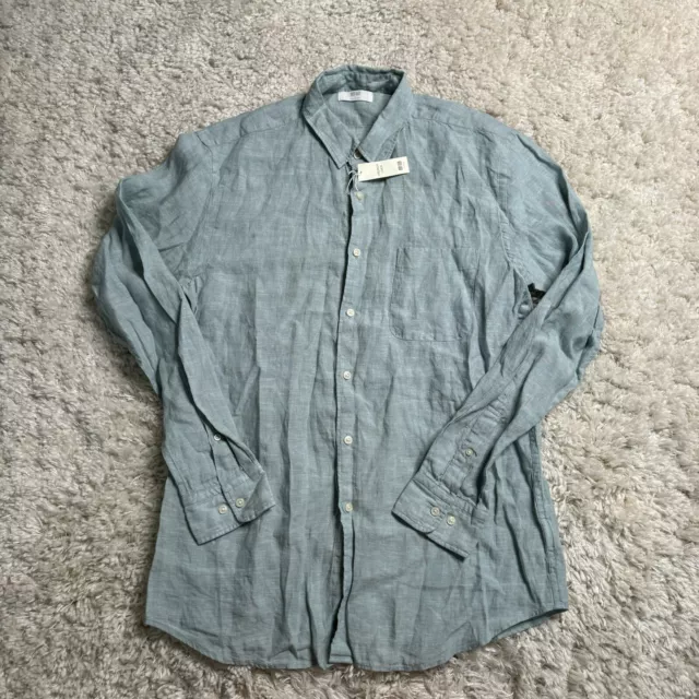 Uniqlo Shirt Mens Large Green Solid 100% Linen Button Up Long Sleeve Adult