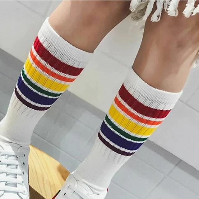 1 Paire Enfants Genou Haut Rayé Garçon Football Chaussettes Coloré Rainbow Coton