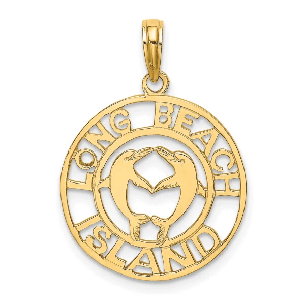 14K Yellow Gold Long Beach Island Sea Dolphin Ocean Fish Beach Nautical Neckl...