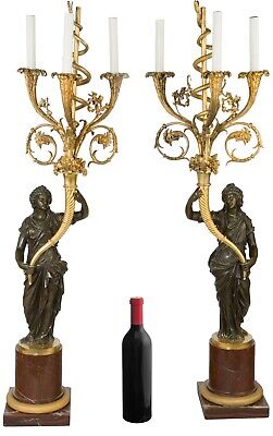 Pair French Empire Ormolu Bronze and Marble Candelabra Lamps -- 40 in, 102 cm