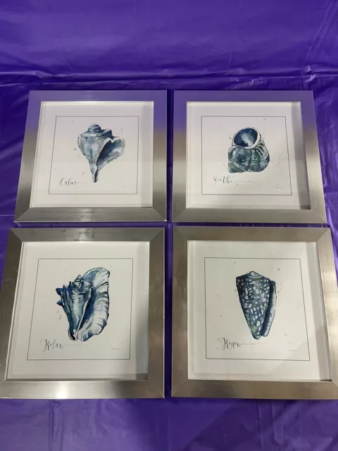 Set Of 4 Beach Seashell Blue Art Prints With Silver Frames