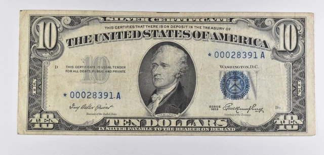 1953 Star Note $10 Silver Certificate Blue Seal *6490