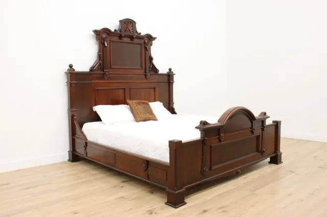 Victorian Eastlake Antique Carved Walnut & Burl King Bed #33955