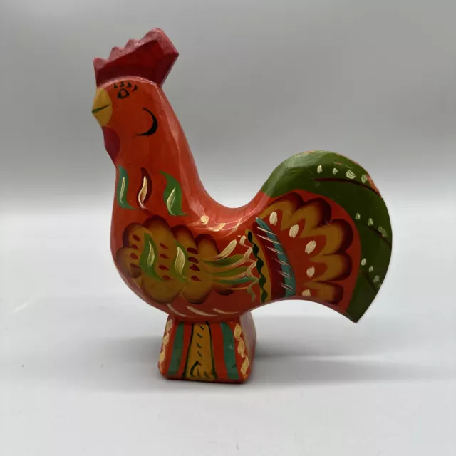 Hand Painted Wooden Dala Rooster 6.5" Figurine Made In Sweden Hand Carved Orange