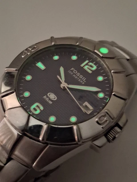 Fossil Blue AM-3546 Silver Sunburst Dial Date 100M Watch Box Papers 29mm Lume Vintage Women main image 4