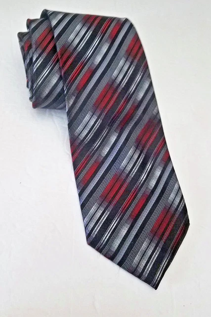 Platinum Design Tie Black Red Silver Striped 100% Silk Necktie L60 W3.75